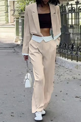 Ingvn - Casual Solid Patchwork Turndown Collar Long Sleeve Two Pieces