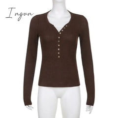 Ingvn - Womens Fashion Button Up Fairy Grunge Aesthetic Casual T-shirts Retro Y2k Ribbed Lace Patchwork Women Tops Long Sleeve Skinny Blouses