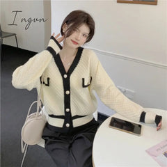 Ingvn - 2023 Korean Fashion Chic Vintage Sweater Retro Casual Lazy Sweaters For Women Knitted V-Neck Cardigans Elegant Tops Outwear