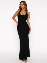 Halter Backless Sexy Maxi Dress Women Gown Summer New Solid U Neck Sleeveless High Waist Long Dress Elegant