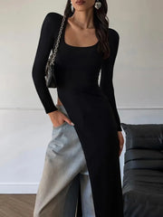 Ingvn Woman Clothing Long Sleeve High Slit Black T-shirt Dress Y2K Streetwear Fall Ladies High Waist Slim Irregular Long Dresses