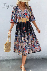 Ingvn - Elegant College Floral With Belt V Neck A Line Dresses(3 Colors)