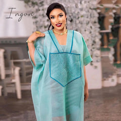 Ingvn - African Modern design blue mesh embroidered deep V-neck plus size skirt with inner skirt African-American women's dress