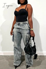 Ingvn - Casual Street Solid Make Old Patchwork Pocket Buttons Zipper Mid Waist Straight Denim Jeans