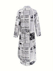 Chic Newspaper Print Womens Dress - Versatile Button-Down Style with Flattering Long Sleeves - A Fashionable Everyday Shirt Dress for Your Wardrobe