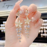 Exquisite Opal Flower Earrings For Women Rhinestone Long Tassel Zircon Earring Girls Wedding Party