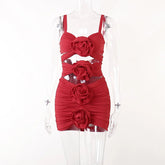 Elegant Flower Hollow Out Ruched Mini Dress For Women Robe Summer New Spaghetti Strap Backless Skinny Party Dress