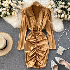 Ingvn - Women Sexy Deep V Short Dress Autumn Ruched Slim Solid Fashion Pencil Dress Korean Style Chic Slim Streetwear Dresses
