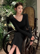 Elegant Knitted Dresses for Women Vintage V-Neck Long Sleeves Party Midi Dress Autumn Solid Prom Vestidos Female Casual Clothing