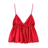 Women Puffy Hem Red Satin Camis Sexy Spaghetti Straps V Neck Summer Tops Chic Party Streetwear Crop Top