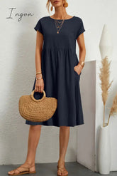 Ingvn - Casual Solid Patchwork O Neck A Line Short Sleeve Dress(11 Colors)