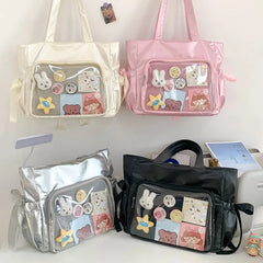 Ingvn Sweet Ribbon Satin Bow Tote Bag Ballet Style Original Comic Handbag Beautiful Double Large Capacity Student Shoulder Bag