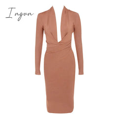 Ingvn - New Summer Deep V Neck Women Bandage Dress Full Sleeves Celebrity Bodycon Dress Sexy Club Vestidos Evening Party Dresses