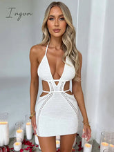 Ingvn - Hollow Out Halter Sexy Mini Dress Women Summer New Sleeveless Backless Skinny Club Party Knit Tank Dress Vestido