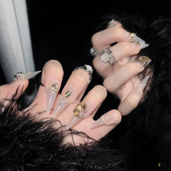 Handmade Long Stiletto Press On Nails Reusable Butterfly Diamond Decoration Fake Nails Full Cover Artificial Wearable False Nail