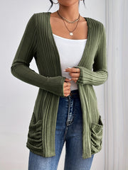 Solid Open Front Rib Knit Cardigan, Casual Long Sleeve Slim Cardigan With Pocket, Women's Clothing