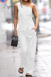 Ingvn - Elegant Solid Pocket Oblique Collar Sleeveless Two Pieces