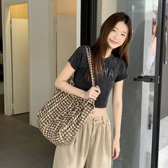 Ingvn Women's Brown Round Dot Shoulder Bag Canvas Shopping Bags Simple Student Tote Handbag Summer