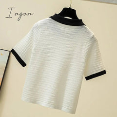 Ingvn - Thin Knitted T Shirt Women Button Cardigan Womens Tops Korean Clothes Summer Short Sleeve Turn-Down Collar Tee Shirt Femme