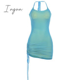Ingvn - Solid Color Drawstring Women Party Dress Strap Sleeveless Halter Bodycon Club Fashion Skinny Summer Sexy Mini Dresses