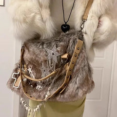 Ingvn Y2k Gothic Womens Tote Bag Fluffy Harajuku Fashion Chains Patchwork Winter Shoulder Bag Vintage New Large Capacity Handbag