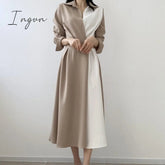 Ingvn - Spring Autumn Retro Temperament Contrast Color Lapel Long-Sleeved Shirt Female Midi Dress Korean Elegant Fashion Slim Chic Dress