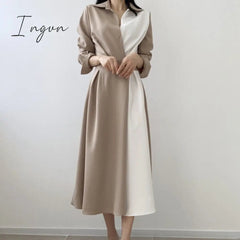 Ingvn - Spring Autumn Retro Temperament Contrast Color Lapel Long-Sleeved Shirt Female Midi Dress Korean Elegant Fashion Slim Chic Dress