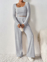 Women'S Fashion Set, Long Sleeve Round Neck Crop Top with Wide Leg Pants, Solid Color, Polyester Knit, Autumn/Winter Collection