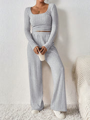 Women'S Fashion Set, Long Sleeve Round Neck Crop Top with Wide Leg Pants, Solid Color, Polyester Knit, Autumn/Winter Collection