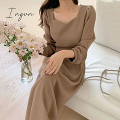 Ingvn - Spring Outfits Chic Korean Fashion Women Temperament Office Lady Elegant Work Basic Wear Solid Vintage Long Dress Fenimine Vestidos N502