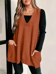 2024 Spring/Fall New Arrival V-Neck Knitted Vest with Pockets, Casual Large Size Pullover Cardigan, Solid Color, Polyester, No Bra Pad, for Casual Outings