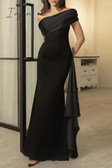 Sexy Formal Solid Mesh Oblique Collar Evening Dresses