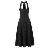 Vintage Elegant Black White Halter Midi Long Dresses Women A-line Slim Sexy Backless Dress Female Summer Party Robe