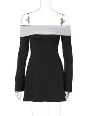 Off-shoulder Long Sleeve Mini Dress For Women Autumn Winter New Patchwork Strapless Backless A-line Sexy Dress Elegant