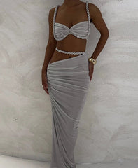Woven Sexy Women 2 Piece Set Stunning Hot Solid Pleated Crop Camisoles+High Waist Maxi Skirts Female Trend Vacation Outfit
