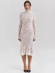 Lace Long Sleeve Sexy Midi Dress For Women Elegant White Half High Collar High Waist Bodycon Club Party Sexy Long Dress