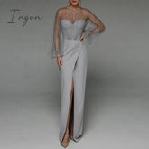 Ingvn - Evening Dress Long Puff Sleeve White Gray Formal Dress Split Fork O-neck Party Prom Dress High-Waist Elegant Robe De Soriee