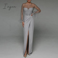 Ingvn - Evening Dress Long Puff Sleeve White Gray Formal Dress Split Fork O-neck Party Prom Dress High-Waist Elegant Robe De Soriee