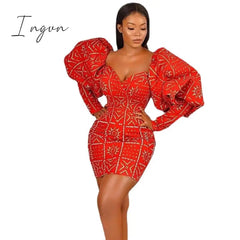 Ingvn - Fashion Trends Women Dress Sexy Party Printed Long Lantern Sleeves Vintage Retro Large Size Mini African Female Event Celebrate Gown Robes