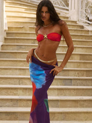 Colorful Beach Sexy 2 Piece Set Women Swimsuit Starfish Buckle Tube Tops+Ruched Belt Skirts Matching Midnight Clubwear