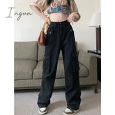 Ingvn - Cargo Pants for Women 2023 New High Waisted Pockets Korean Baggy Wide Leg Pants Streetwear Casual Full Length Pants
