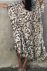 Ingvn - Vintage Vacation Print Leopard Slit Swimwears Cover Up