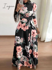 Ingvn - Women Summer Long Dress Casual Long Sleeve Boho Floral Print Maxi Dress Turtleneck Bandage Elegant Party Dresses Vestidos