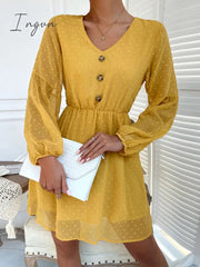 Ingvn - V-Neck Balloon Sleeve Swiss Dot Mini Dress