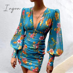 Ingvn - Women Sexy Deep V Neck Floral Print Long Lantern Sleeve Ruched Dress Summer Elegant Female Bodycon Party Dress Vestido
