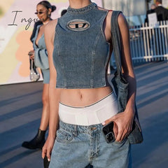 Ingvn - Y2K Women Blue Denim Slim Tank Top Sexy Half-high Collar Backless Crop Tops 2023 Hot Summer Streetwear Irregular Corsets