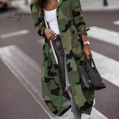 Ingvn - Women's Khaki Striped Plaid Contrast Long Trench Coat
