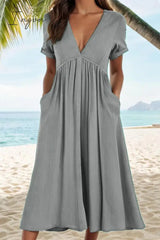 Ingvn - Casual Solid Pocket Fold V Neck A Line Dresses
