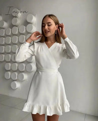Ingvn - Casual Ruffle Mini Dress Ladies Elegant Long Sleeve V-Neck Party Dress New Fashion Solid Sweet Spring Dresses Women Clothes