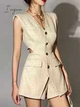 Ingvn - Beige Three Piece Sets Female V Neck Sleeveless Hollow Out Slim Vest Loose Top High Waist Shorts Slim Set For Women